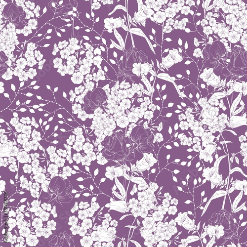 Flower background with roses, Phlox, bells. Seamless vector pattern for fabric and packaging in monochrome style. © OlgaShashok