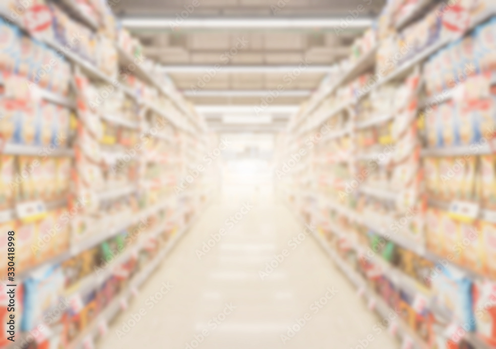 Supermarket aisle with product shelves abstract blur defocused background.