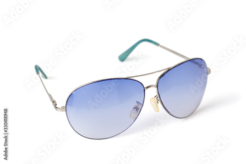 Transparent light blue sunglasses on white background, isolated, copy space