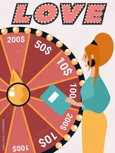 Love Show Program with Wheel of Fortune. Woman Television Host Holding Paper with Script Stand at Huge Roulette with Arrow Pointing on Dollar Sums on Disk. Cartoon Flat Vector Illustration, Banner