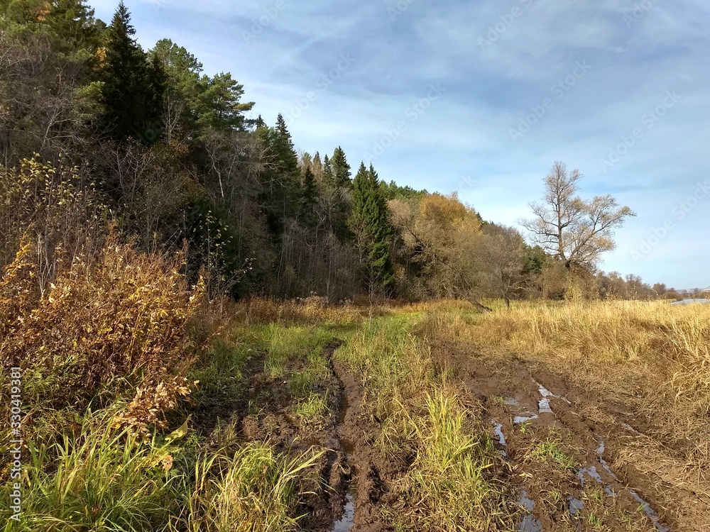off-road terrain against a forest landscape and blue sky off-road terrain against a forest landscape and blue sky