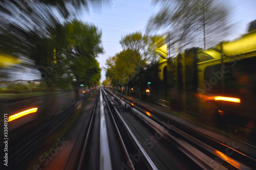 Photograph of blur motion of the train in the evening