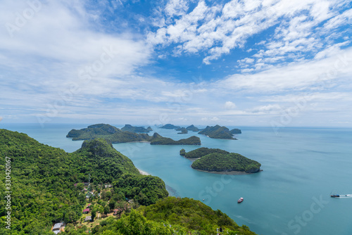 Aerial View of Tropical Islands' Sunny beach on Ang Thong National Park from Public Photographic Viewpoint in Koh Samui, Thailand