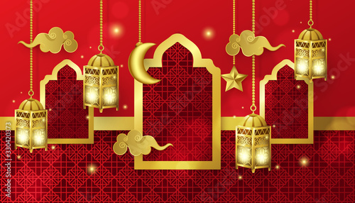 modern islamic red background design for ramadan kareem and happy eid mubarak. vector illustration