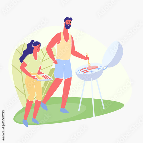 Man and Woman Roast Sausages And Barbecue Meat. Vector Illustration. Family Barbecue. Talk with Relatives House. Make Gifts. Family on Picnic. Park Area. Bearded Man Turning Meat on Grill.