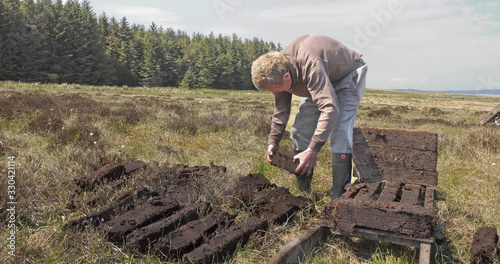 Cutting Turf Peat by spade in Moss Bog in Ireland photo