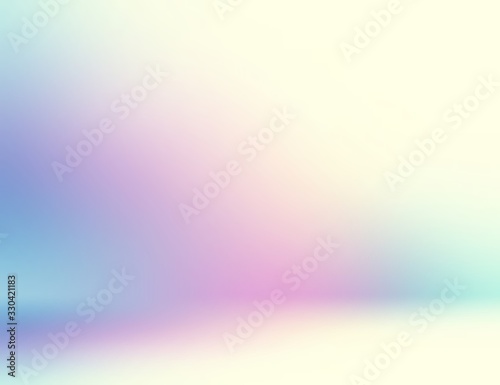 3d studio background blur. Light defocus wall and floor texture. Delicate pink blue gradient pattern. Empty room abstract illustration.