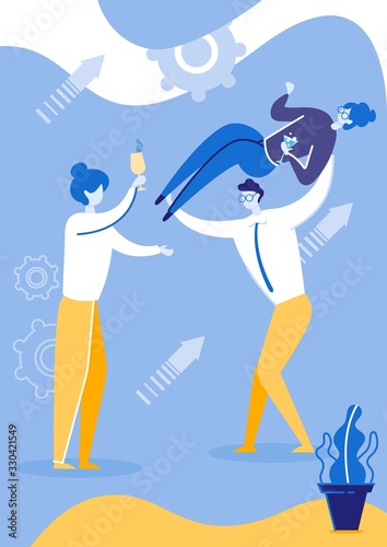 Collegues Having Party Flat Cartoon Vector Illustration. Woman Drinking Cocktail in Glass. Man Holding Girl on Hands. Happy People Celebrating Company Success Together. Relax on Weekend.
