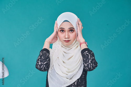 Beauty asian women wearing scarf with variety reaction face isolated