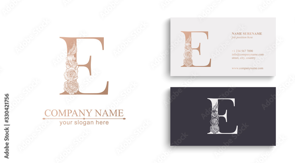 Letter E logo or monogram. For your business. Vector sign. Floral style, beautiful roses. Personal logo. Letter E logo or monogram. For your business. Vector sign. Floral style, beautiful roses. Personal logo.