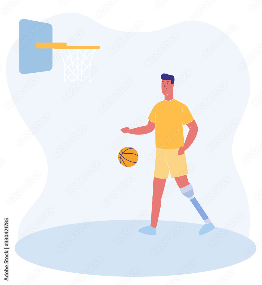 Man with Prosthesis Play Basketball Vector Illustration. Cartoon Male Sportsman with Prosthetic Leg with Ball Basket Playground. Medical Rehabilitation, Handicapped Person Exercise, Paralympic Game Man with Prosthesis Play Basketball Vector Illustration. Cartoon Male Sportsman with Prosthetic Leg with Ball Basket Playground. Medical Rehabilitation, Handicapped Person Exercise, Paralympic Game