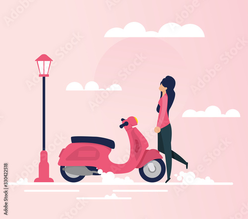 Cartoon Elegant Young Woman Character Going on Moped Trip Flat Illustration. Vector Romantic Screen with Clouds and Lantern. Exciting Travelling on Weekend. Looking for Love. Fashion and Style