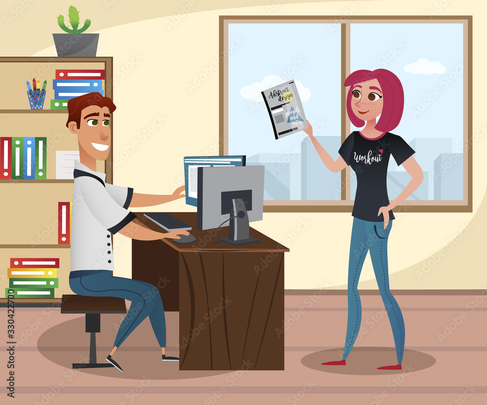 Man Editor Sits at Table and Woman with Sample Magazine. People in Design Studio. Office Interior. Creative Designer. Woman with Sample Magazine. Creative Appearance. Vector Illustration. Teamwork Man Editor Sits at Table and Woman with Sample Magazine. People in Design Studio. Office Interior. Creative Designer. Woman with Sample Magazine. Creative Appearance. Vector Illustration. Teamwork
