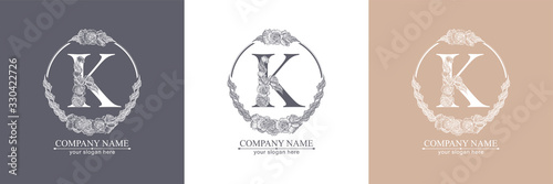 Letter K logo or monogram. For your business. Vector sign. Floral style, beautiful roses. Personal logo.