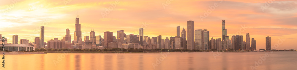 Chicago downtown buildings skyline sunset
