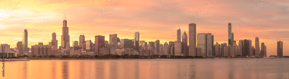 Fototapeta Chicago downtown buildings skyline sunset