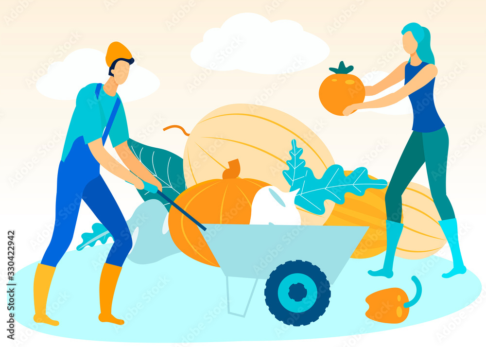 Man with Trolley in Hand. Woman Folds Vegetables in Trolley. Vector Illustration. People on Farm. Natural Products. Grow Vegetables and Fruits. Working Together in Garden. Family Business.