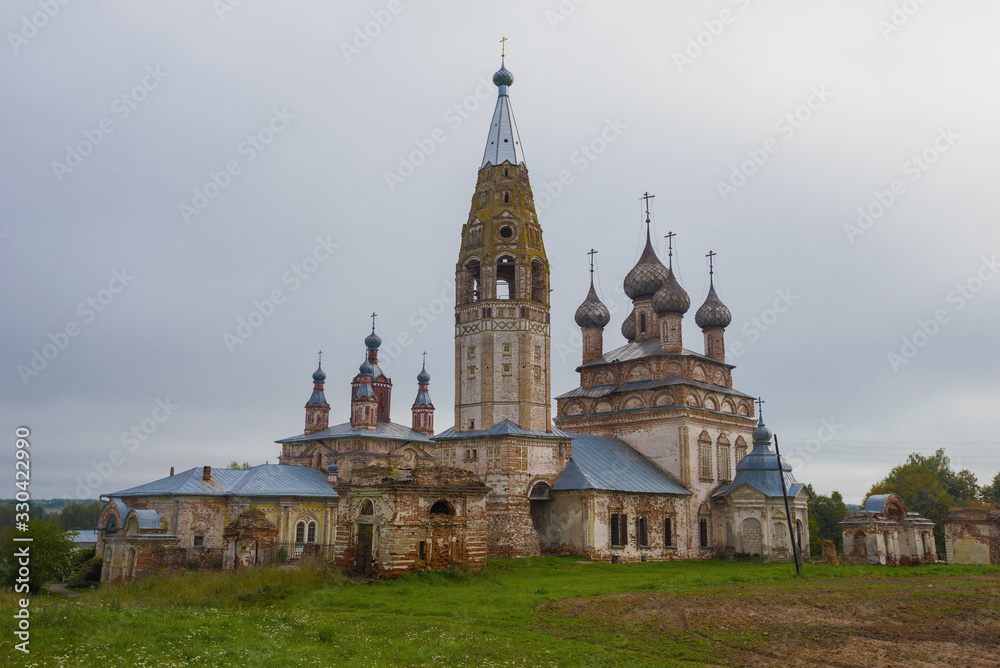 Ancient temple complex of the village of Parskoe on a cloudy September morning. Ivanovo region, Russia