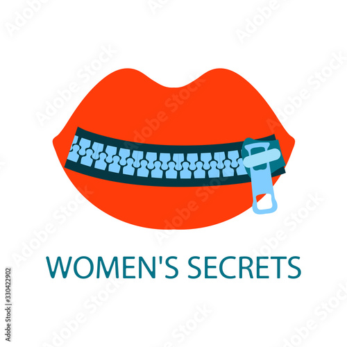 Vector zipper lock icon on top of the silhouette of scarlet full female lips. Text female secrets. Isolated white background, flat style illustration. Design element for logo, label, web banner, card