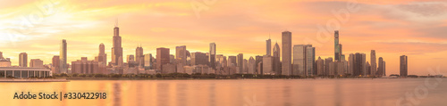 Chicago downtown buildings skyline sunset
