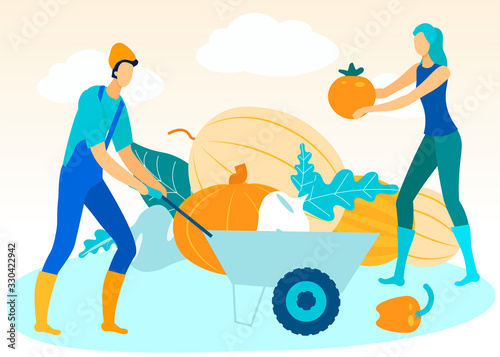 Man with Trolley in Hand. Woman Folds Vegetables in Trolley. Vector Illustration. People on Farm. Natural Products. Grow Vegetables and Fruits. Working Together in Garden. Family Business.