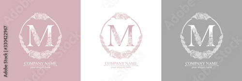 Letter M logo or monogram. For your business. Vector sign. Floral style, beautiful roses. Personal logo.