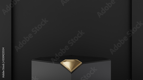 3d rendered illustration with geometric shapes with diamond gold sign. black steps cube podium platforms for cosmetic product presentation. Abstract composition in modern style. 