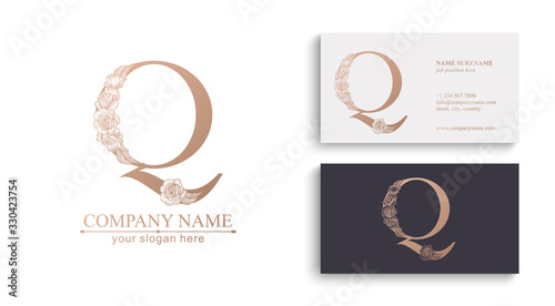 Letter Q logo or monogram. For your business. Vector sign. Floral style, beautiful roses. Personal logo.