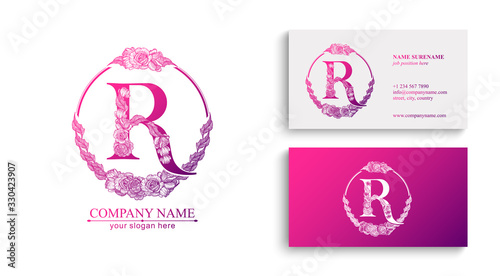 Letter R logo or monogram. For your business. Vector sign. Floral style, beautiful roses. Personal logo.