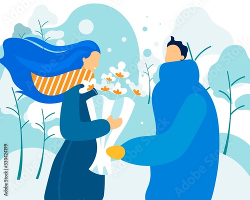 Bright Flyer Winter Bouquet for Couple in Love. People in Love make Nice Little Things to Each other. Man and Woman in Warm Clothes Meet on Street, Guy Gives Flowers. Vector Illustration.