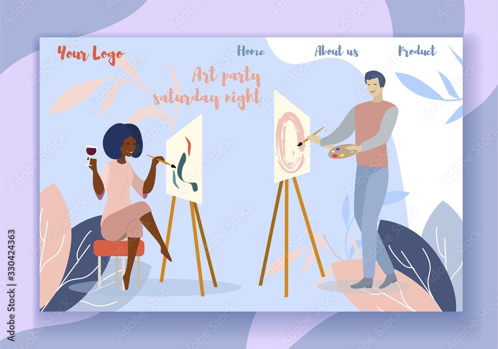Art Party on Saturday Night Motivate Landing Page. Man and Woman Drawing at Class. Female and Male Artists Painting on Canvas in Free Style Drinking Wine. Cartoon Flat Vector Hobby Illustration Art Party on Saturday Night Motivate Landing Page. Man and Woman Drawing at Class. Female and Male Artists Painting on Canvas in Free Style Drinking Wine. Cartoon Flat Vector Hobby Illustration