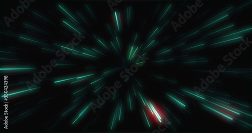 Graphic motion of abstract green neon light background. Jump in to the galaxy with speed of light.