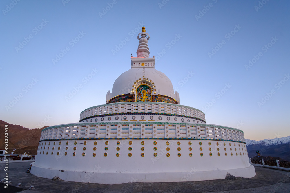 Shanti Stupa is a white-domed stupa (chorten) on hilltop