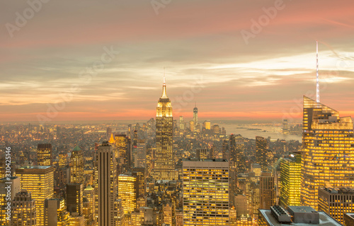 Night view of New York Manhattan during sunset