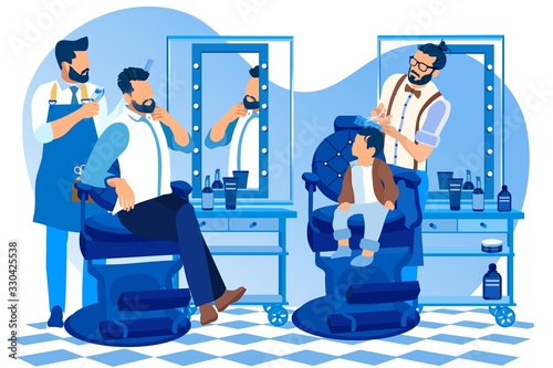 Preschooler Boy Getting Haircut Together with his Father in Barber Shop. Children Hairdresser with Scissors and Comb Cutting Little Baby in Room with Loft Interior. Cartoon Flat Vector Illustration