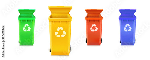 Realistic multi colored trash cans isolated on white background. Waste bins with icons of ecological processing of products. Vector 3d illustration
