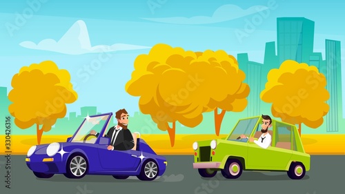Man in Retro Automobile Trying Overtake Shiny Sports Car. Happy Smiling Owners Driving Auto on Highway Road. City Life Traffic. Flat Urban Cityscape Cartoon Backdrop. Vector Illustration
