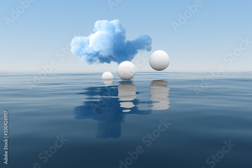 Cloud and geometric figure floating on the lake, 3d rendering.