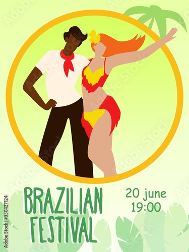 Man in White Shirt and Red Shawl and Woman in Open Red Suit. Brazilian Festival. Party Invitation. Dancers Incendiary Dances. Days of Brazilian Carnival. National Holiday Brazil. Vector Illustration.