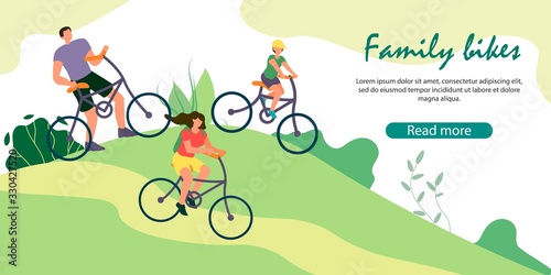 Happy Family Riding Bikes on Nature Background. Outdoor Sport Activity and Exercises. Mother, Father and Son Driving Bicycles, Walking, Relaxing. Cartoon Flat Vector Illustration, Horizontal Banner