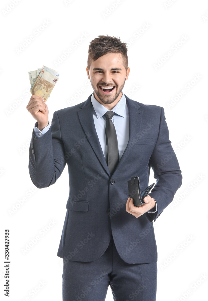 Happy businessman with purse and money on white background Happy businessman with purse and money on white background