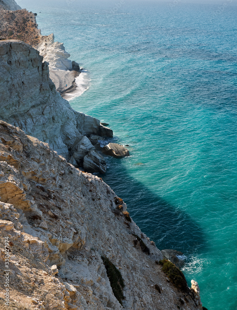 The abrupt seacoast at the Petra tou Romiou viewpoint. Kouklia. Cyprus