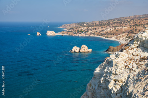 Petra of Romiou coast of the island as seen from the cliff viewpoint. Kouklia. Cyprus