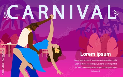 Black Man and White Woman Perform Dance Support. Fireworks and Carnival. Dance Incendiary Dances. Brazilian Dance Festival. Night Party. Vector Illustration. Advertising Image with Text. Joy and Fun.