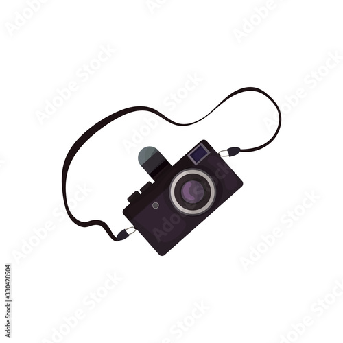 Vector illustration with a camera in cartoon style. Photo camera with a lens for traveling, taking photos.