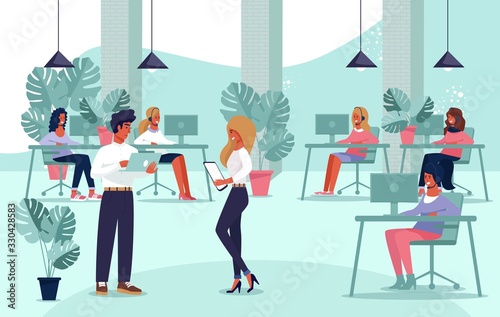 Client Support Service Team Working at Office Computer. Teamwork at Workplace. Call Center and Online Hotline. Cartoon Executive Managers and Employees Characters. Vector Flat Illustration