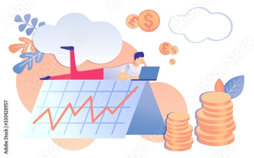 Cartoon Man Work on Notebook, Graphic Grow Money Coin Stack Vector Illustration. Financial Efficiency Income Diagram Growth. Employee Work Productivity Planning Salary Increase. Freelance Earnings
