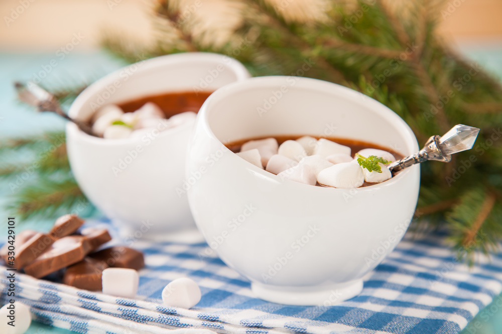 hot chocolate with marshmallows in a cup on a wooden table, selective focus, copy space hot chocolate with marshmallows in a cup on a wooden table, selective focus, copy space