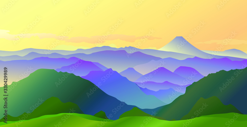 Colorful fresh green hills in fog and sunlight with Fuji mountain and yellow sky in morning 