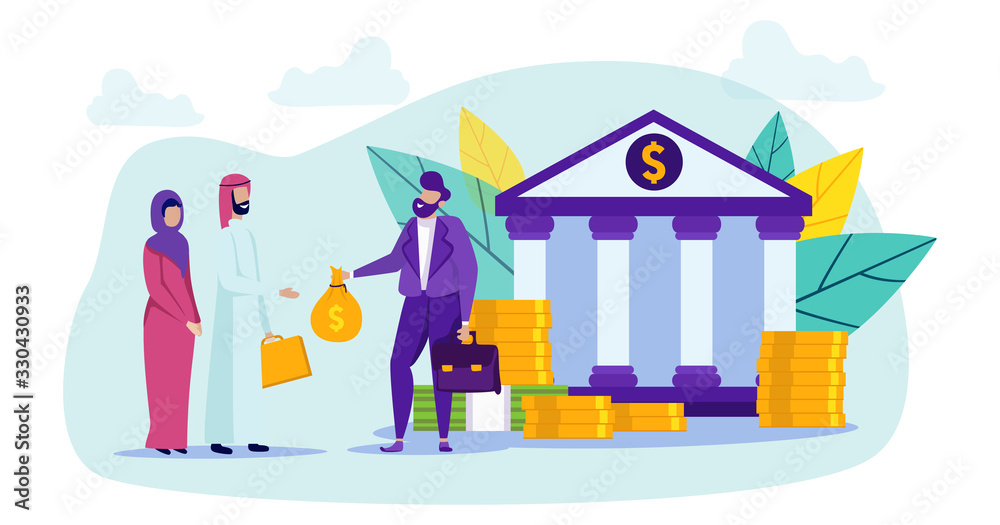 Arab Family and Bank Worker with Money in Hand. Buying Home. Vector Illustration. Сoin and Banknote. Goal Achievement. Arab Family. Bank Worker. Broker and Client. Money in Hand. Contract with Bank.